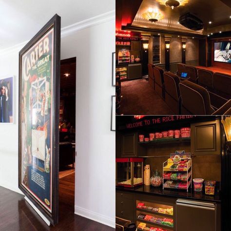 secret doorway Hidden Movie Theater Room, Home Teather Room Design, Panic Rooms In Houses, Secret Room Ideas, Cool Secret Rooms, Secret Doorway, House Theater, Secret Rooms In Houses, Small Home Theaters