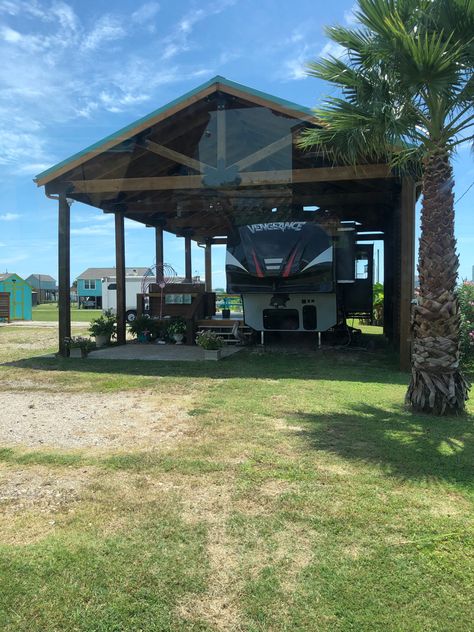 Camper Under Carport, Rv Pavilion Ideas, Camper Pavilion, Rv Shed Ideas, Rv Shelter With Deck, Rv Pavilion, Rv Barn With Living Quarters, Camper Shed, Rv Shelter Ideas