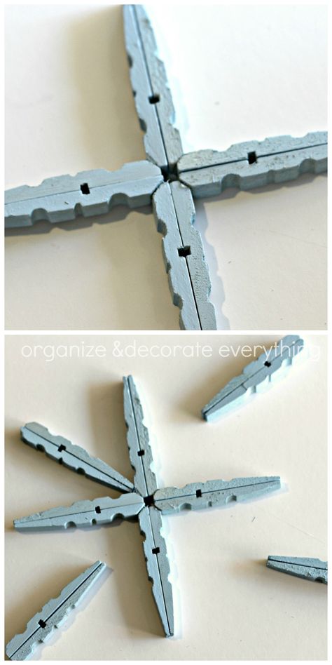 Clothespin Snowflake Ornament 22.1 Clothespin Snowflake, Clothes Pin Ornaments, Clothespin Crafts Christmas, Clothespin Diy Crafts, Wooden Clothespin Crafts, Christmas Clothespins, Pin Crafts, Dollar Store Christmas, Clothes Pin Crafts