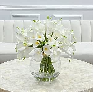 Flovery Real Touch Calla Lily Centerpiece in Round Glass Vase (White) Calla Lily Centerpiece, Floral Home Decor, Calla Lilies, Artificial Flower Arrangements, Calla Lily, Glass Vase, Lily, Vase, Glass