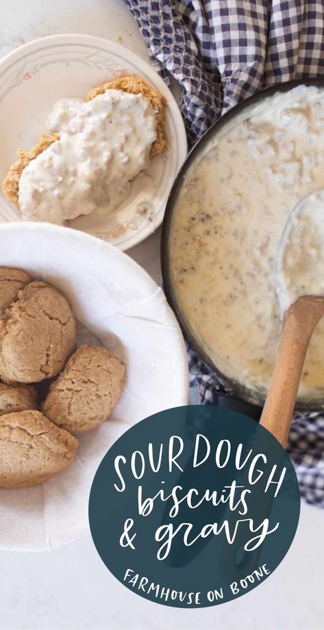 Deliciously tangy and buttery sourdough biscuits covered in a flavorful sausage gravy made from scratch. This homemade biscuits and gravy recipe is a classic Southern dish and a family favorite, made with farm fresh ingredients. The ultimate comfort food.  Healthy Breakfast Recipes // sourdough biscuits and gravy // sourdough biscuits // healthy family meals // Farmhouse on Boone Homemade Biscuits And Gravy, Food Healthy Breakfast, Comfort Food Healthy, Biscuits And Gravy Recipe, Recipes Kale, Homemade Gravy For Biscuits, Homemade Breakfast Recipes, Recipes Spaghetti, Gravy From Scratch