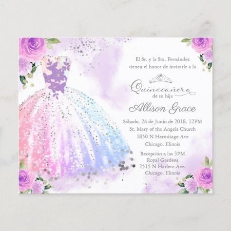 Budget Quinceanera Invitation Spanish Colorful Budget Quinceanera Invitation Spanish Colorful #PromotionalAd Pastel Color Gown, Budget Quinceanera, Celebration Invitations, Invitations Quinceanera, Colorful Gown, Silver Invitation, Quinceanera Invitation, Quinceanera Party, Foil Invitations