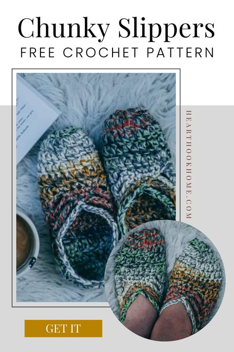 These chunky slippers are PERFECT to keep the chill off your feet! Easy, FAST and a free pattern! Use a different size yarn and these are perfect for kids also! Beginner Crochet Slippers Free Pattern, Crochet Fluffy Slippers, Crochet Sock Slippers, Free Crochet Pattern Slippers, Free Crochet Slipper Patterns For Women, Crochet Sole Pattern Free, Crochet Kids Slippers Free Pattern, Crochet Slipper Pattern Free, Crochet Slippers Adult Free Pattern Easy