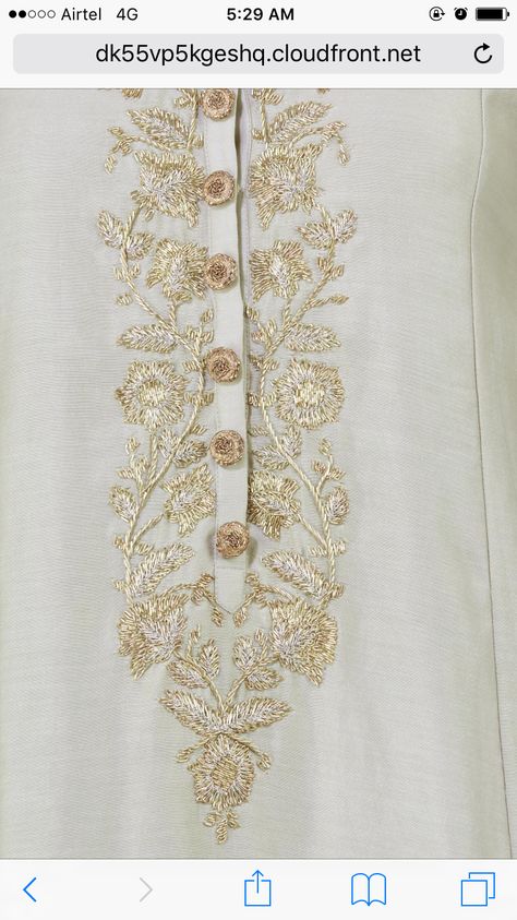 Suit Designs Embroidery, Latest Kurta Designs, Men Embroidery, Golden Embroidery, Zardozi Embroidery, Embroidery On Kurtis, Kurti Embroidery Design, Dress Neck Designs, Suits Design