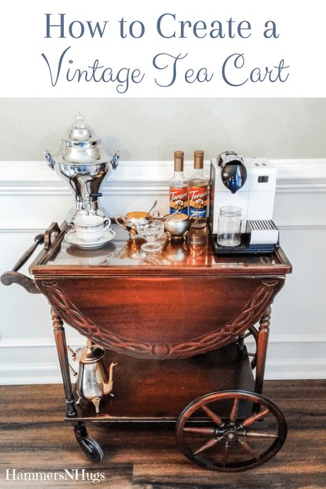 Nothing quite says home like the warm steam from a hot cup of tea or the familiar aroma of a fresh brewed pot of coffee.  Learn how to create a vintage tea cart with this easy shopping guide to offer your guests a classy taste of home. #teacart #vintage #vintagestyle #coffee #coffeecart #antique #antiques #diy #diyprojects #diningroom #kitchen Cart Coffee Bar, Antique Tea Cart, French Country House Decor, Vintage Tea Cart, French Country Ideas, Espresso At Home, Hosting Ideas, Wooden Tea Box, Tea Cart