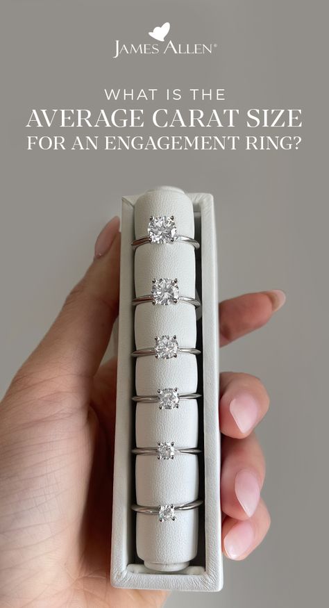 Let's talk averages. 📏 While there's an average #carat size for an #engagement ring, what's the right size for you? 💍 Read on for a few tips to help you choose the best carat size for your budget, finger size and personal preference. Size Of Carats Diamonds, Wedding Ring Carat Size, .50 Carat Engagement Ring, 3karat Engagement Rings, Round Diamond Sizes, Diamond Ring Size, Ring Carrot Sizes, Moissanite Carat Size Chart, Engagement Ring Sizes On Hand