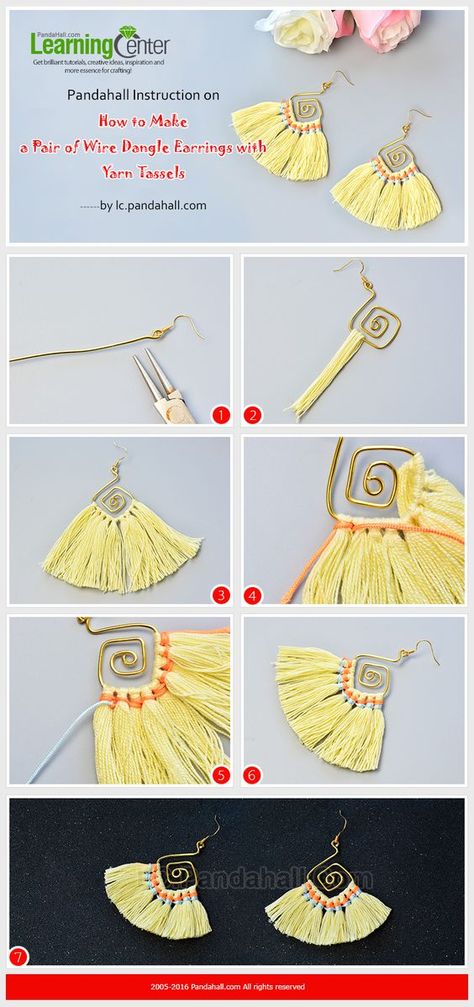 Pandahall Instruction on How to Make a Pair of Wire Dangle Earrings with Yarn Tassels from LC.Pandahall.com Make Tassels, Yarn Ribbon And Thread, Anting Manik, Silk Thread Jewelry, Beaded Beads, Diy Tassel, Thread Jewellery, Tassel Jewelry, Jewelry Making Tutorials