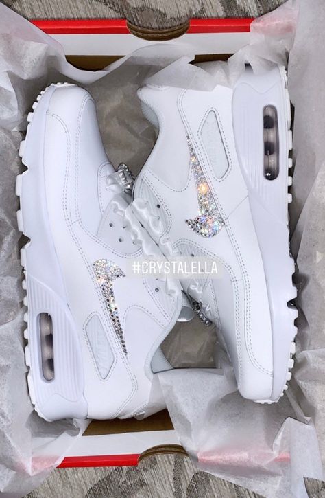 Nike Air Max 90 White, Swarovski Nike, Nike Air Max 90s, Air Max 90 Black, Nike Shoes Women Fashion, Air Max 90s, Pretty Sneakers, Crocs Boots, Nike Shoes Air Force