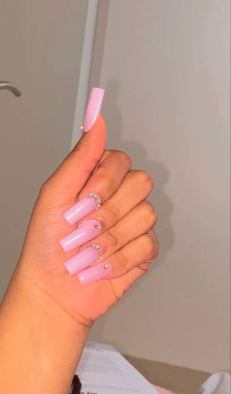 Solid Pink Nails With Rhinestones, Pink With Gems Nails, Basic Pink Nails With Gems, Plain Pink Nails With Rhinestones, Baby Pink Nails With Rhinestones, Pink Nails With Crystals, Light Pink Nails With Rhinestones, Pink Nails Rhinestones, Pink Long Acrylic