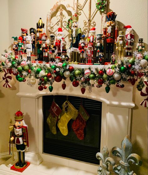 Christmas Mantle Nutcracker Mantle Decorating Ideas, Nutcracker Christmas Mantle, Nutcracker Mantle Display, Christmas Nutcracker Decorations, Nutcracker Display, Mantle Decorating Ideas, Nutcracker Decorations, Nutcrackers Display, Mantle Decorating