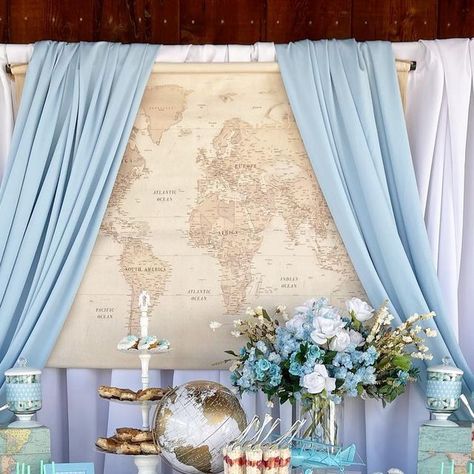 Travel Theme Backdrop, Our Greatest Adventure Baby Shower Theme, Greatest Adventure Baby Shower Theme, Adventure Baby Shower Theme, Adventure Awaits Baby Shower, Travel Baby Shower Theme, Classy Baby Shower, Travel Baby Showers, Bean Sprout