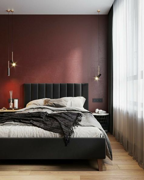 40 Outstanding Masculine Bedroom Ideas and Designs Red Accent Wall Bedroom, Maroon Bedroom, Red Bedroom Walls, Burgundy Bedroom, Maroon Walls, Red Accent Wall, Burgundy Walls, Best Bedroom Colors, Accent Wall Bedroom