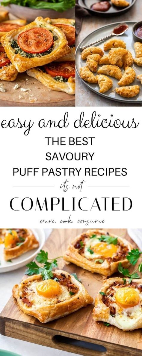 This delicious collection of Savoury Puff Pastry Recipes have one thing in common: they're full of flavour! Whether you're looking for a creative appetiser, easy brunch, lunch or dinner, you'll find some fantastic new ideas in this post! #savourypuffpastryrecipes #savorypuffpastryrecipes #puffpastryrecipes #puffpastry #easypuffpastryrecipes #easyrecipes #puffpastryideas #savourypastry #cravecookconsume #itsnotcomplicatedrecipes Savory Breakfast Pastry Recipes, Puff Pastry With Chicken Filling, Savoury Pastry Ideas, Puff Pastry Ideas Savoury, Puff Pastry Shells Recipes, Recipes With Puff Pastry Sheets, Savoury Puff Pastry Recipes, Puffy Pastry Recipe, Recipes Using Puff Pastry Sheets