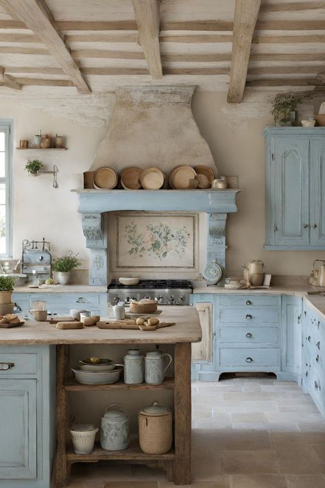 Pale Blue French Country Style Kitchen Ideas French Country House Kitchen, Moody French Provincial, Freestanding Kitchens, Country Style Kitchen Ideas, French Blue Kitchen, Cottage Home Decor Ideas, French Country Cottage Kitchen, Emerald Kitchen, Moody French