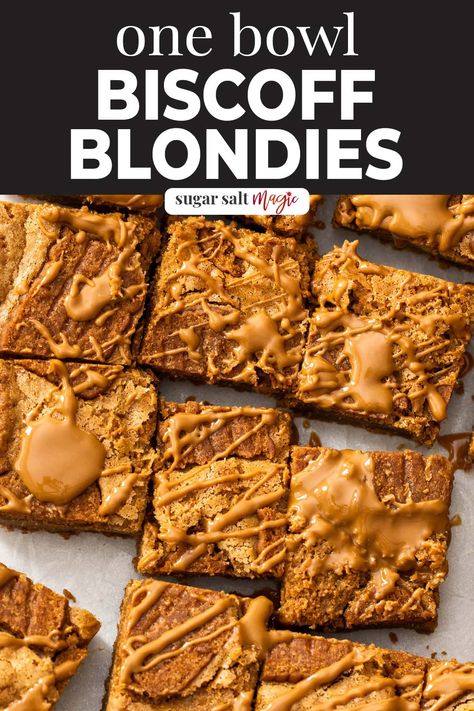 So quick, so easy, these Biscoff blondies are fudgy blondies, made in one bowl with that classic speculoos cookie flavour. Using Lotus Biscoff cookies and spread, they're packed with a warm spiced caramel flavour. All made in one bowl, this easy blondie recipe takes 10 minutes and is fun and flavourful. Imagine the taste of spiced caramel cookie, classic Lotus Biscoff flavour, worked into a fudgy and moist blondie. Not sickly sweet, these fudgy bars will leave everyone wanting more. Desserts With Lotus Biscoff, Biscoff Slice, Lotus Biscoff Recipes, Fudgy Blondies, Biscoff Bars, Easy Blondie Recipe, Cookie Flavours, Biscoff Blondies, Biscoff Cookie Recipe