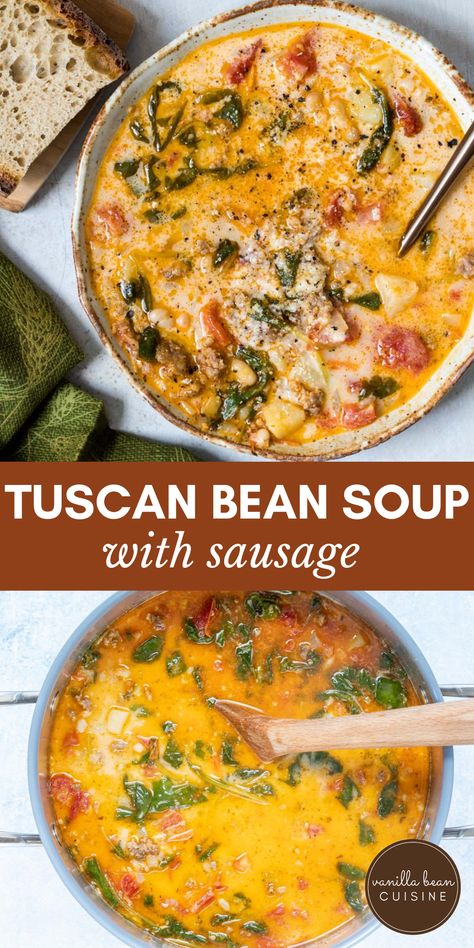 This Creamy Tuscan White Bean Soup is so warming and comforting, you’ll want to serve it throughout the cold weather months. Loaded with vegetables and spicy sausage, this soup is filling but packed with healthy ingredients too. Spicy Sausage Soup, White Bean Sausage Soup, Bean Soup With Sausage, Bean Soup Crockpot, Tuscan White Bean Soup, Bean And Sausage Soup, Soup With Sausage, Tuscan White Bean, Tuscan Bean Soup