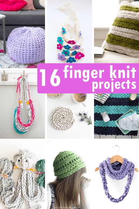 A roundup of 30 FINGER AND ARM KNITTING projects -- free patterns including blankets, scarves, pillows, home decor, accessories, and more. Arm Knitting Tutorial, Finger Knitting Projects, Knitting Projects Free, Diy Knit Blanket, Arm Knitting Blanket, Knitting Crafts, Finger Crochet, Finger Knitting, Knitting Instructions