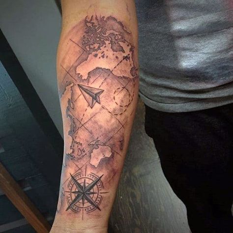 Top 77 Travel Tattoo Ideas [2020 Inspiration Guide] World Map Tattoo, Map Tattoo, Adventurous Design, Polynesian Tattoos, Forearm Sleeve, Map Tattoos, Forearm Sleeve Tattoos, Geometric Tattoos, Disney Tattoo