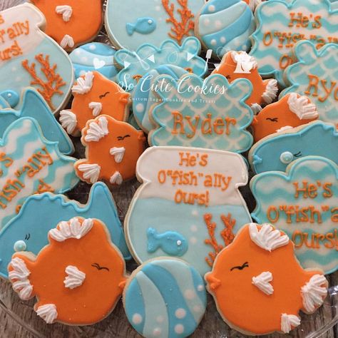 Adoption cookies. He's o"FISH"ally ours! Thank you to @sweettemptationsbynicole for the inspiration for this set. #customcookies… Adoption Cookies, Adoption Invitations, Adoption Party Ideas, Adoption Cake, Adoption Finalization, Step Parent Adoption, Adoption Ideas, Adoption Celebration, Adoption Baby Shower