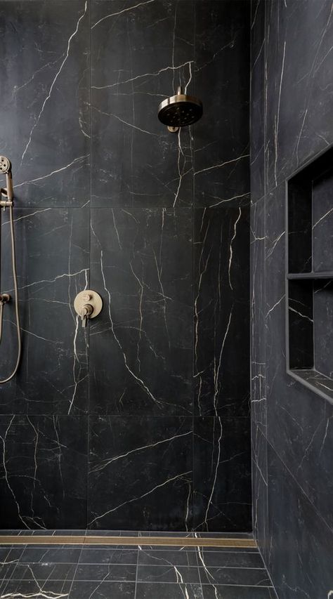 Black Shower White Bathroom, All Black Shower Tile, Black Shower Accent Wall, Black Master Shower Ideas, Black Showers Bathroom, Black Tile Accent Wall Bathroom, Shower Floor Tile Ideas Modern, Black Tile Shower Bathroom, Black Wall Tile Bathroom