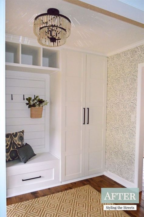 Build In Entryway, Entryway Hide Shoes, Built In Closet Entryway, Ikea Mudroom Closet, Make A Mudroom Entryway, Ikea Hack For Mudroom, Backdoor Entrance Ideas, Diy Mudroom Ikea Hacks, Mudroom Out Of Closet