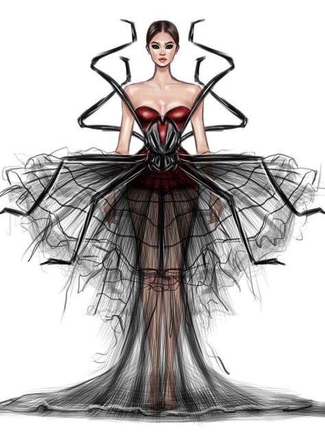 Spider Fashion Haute Couture, Shamekh Bluwi, Fashion Sketchbook Inspiration, Fashion Design Inspiration, Fashion Model Sketch, Fashion Illustration Tutorial, Fashion Figure Drawing, Dress Illustration, Fashion Illustration Sketches Dresses