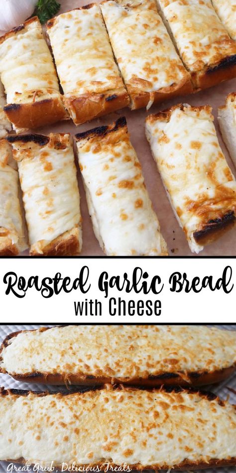 A double photo collage of roasted garlic bread. Roasted Garlic Cheese Bread, Roasted Garlic Bread Recipe, Garlic Bread With Cheese, Cheddar Bread Recipe, Roasted Garlic Bread, Homemade Pretzels Recipe, Garlic Butter For Bread, Roasted Garlic Butter, Bread With Cheese