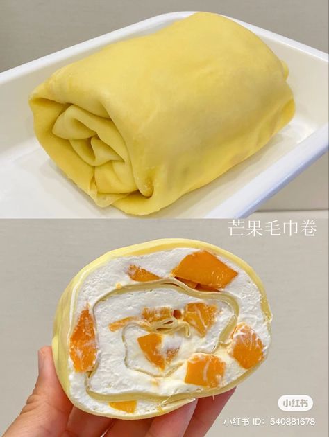 mango towel cake Mango Crepe Roll, Crepe Roll Cake, Xiaohongshu Food, Fruit Crepes, Japanese Dessert Recipes, Buah Naga, Towel Cake, Chocolate Dishes, Cake Fruit