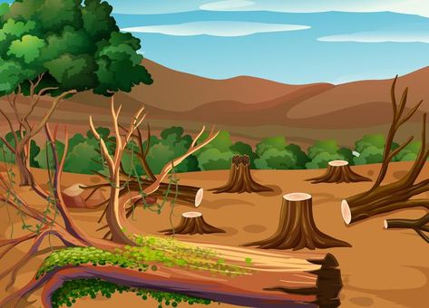 Deforestation scene at daytime Deforestation Background, Deforestation Poster Drawing, Poster Pencemaran Tanah, Deforestation Illustration, Deforestation Art, Deforestation Drawing, Deforestation Poster, Forest Destruction, Camera Tattoo Design