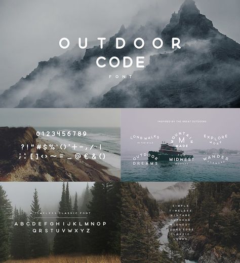 Description: Introducing Outdoor Code creative font, that will be ideal for logo design, packaging, typography arrangements, and all minimalistic layouts. For personal use. Free for download. File format: .ttf, .ai for Photoshop or other software. File size: 461 Mb. Outdoor Typography, Camping Font, Adventure Fonts, Nature Font, Packaging Typography, Adventure Branding, Outdoor Logos, Best Script Fonts, Groovy Font