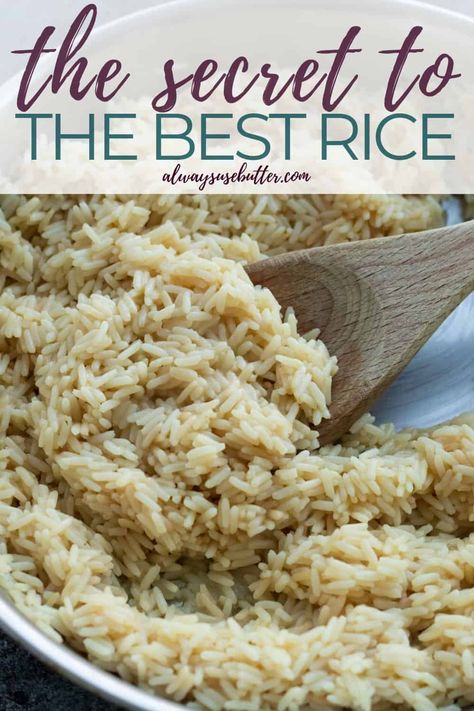 Just add 5 minutes and 2 ingredients to your regular rice cooking process, and have the best rice ever. Everyone loves this buttery rice that's loaded with so much flavor, and there's a vegan option included. Made with just rice (white rice or brown rice), butter or olive oil and chicken broth, vegetable broth or any other type of broth. A great side dish for fish and meat, amazing with stews and delicious with or without a sauce. Long Grain Rice Recipes, Rice With Butter, Olive Oil Chicken, Vegetarian Side Dish Recipes, Chicken Flavored Rice, Buttery Rice, Side Dishes For Fish, The Best Rice, Boiled Rice