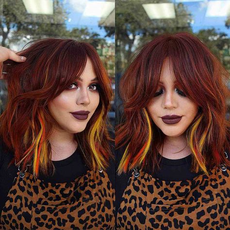 Colored Extensions, Bottleneck Bangs, Fall Haircut, Alt Hair, Peekaboo Hair, Vivid Hair Color, Creative Hair, Dye Ideas, Lighter Skin