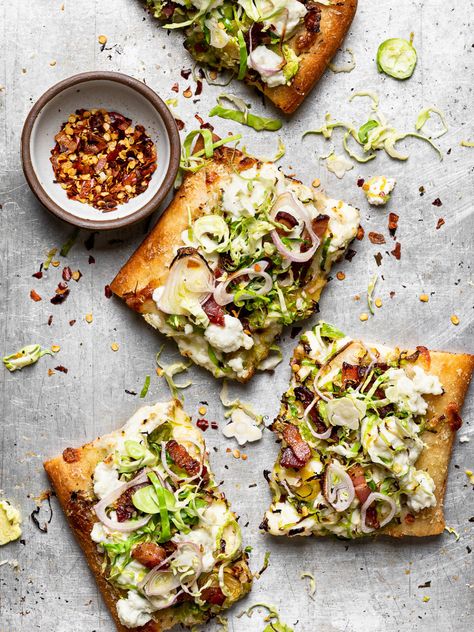 Brussels Sprouts and Ricotta Flatbread Pizza - Sandra Valvassori Brussel Sprout Flatbread Pizza, Pizza With Brussel Sprouts, Ricotta Flatbread, Pickled Brussel Sprouts, Fig Flatbread, Pepperoni Recipes, Ricotta Pizza, Flatbread Pizza Recipes, Shaved Brussel Sprouts