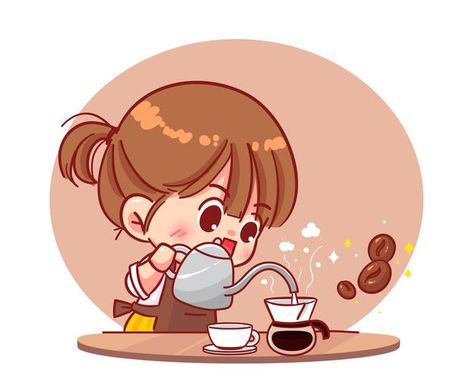 Barista Making Coffee, Manual Brew, Cartoon Art Illustration, Coffee Cartoon, Making Coffee, Coffee Drawing, Chibi Girl, Chibi Characters