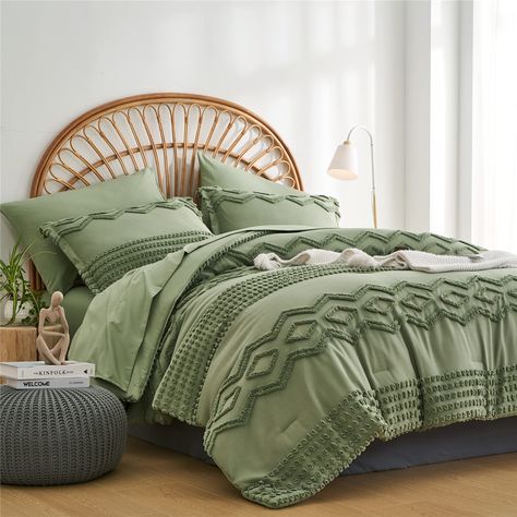 PRICES MAY VARY. [Unique Tufted Design]: Sage green comforter set features geometric textured pattern and tufted pom pom dots. The simple yet sophisticated design gives your room a nice update and boho modern chic look.Brighten up your home with calming and soothing vibe. [King Comforter Set]: You can get a 7-piece tufted comforter set king size with 1 comforter(102”x90”),1 flat sheet(108”x102”),1 fitted sheet(78”x80”+18”),2 pillow cases(20”x40”),2 pillow shams(20”x36”). The tufted comforter kin Tufted Comforter, Shabby Chic Comforter, Green Comforter Sets, Comforter Sets Boho, Full Comforter Sets, Boho Comforters, King Size Comforter Sets, Green Comforter, Complete Bedding Set