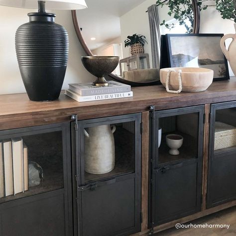 Langley Aged Latte Wood And Metal Storage Cabinet - World Market World Market Langley Media Cabinet, Earthy Industrial, World Market Furniture, 2022 Kitchen, Modern Industrial Farmhouse, Metal Storage Cabinet, Masculine Interior, Farmhouse Sideboard, Metal Storage Cabinets