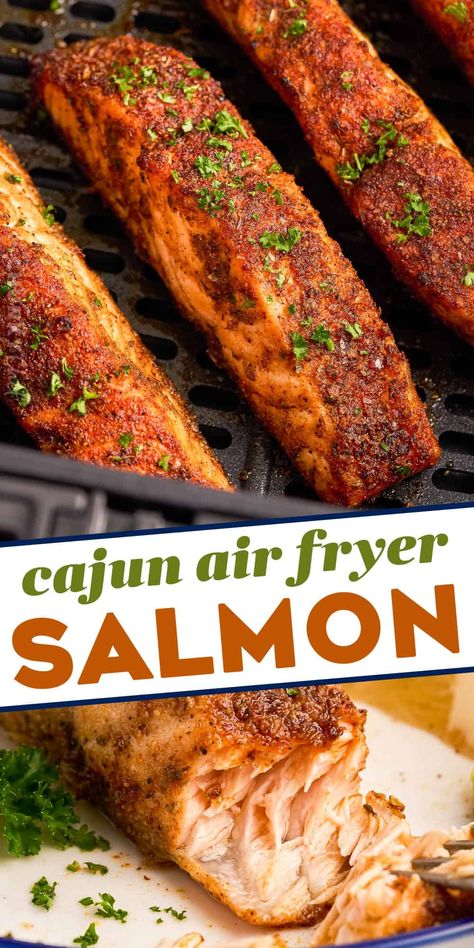 This Air Fryer Cajun Salmon is light and flaky, and ready in less than 30 minutes. Fresh salmon filets are brushed with olive oil, then rubbed with a mouthwatering homemade cajun spice rub. It’s the perfect quick and easy weeknight dinner! Air Fryer Cajun Salmon, How To Make Salmon, Salmon Recipes Air Fryer, Ways To Cook Asparagus, Cajun Salmon, Air Fryer Salmon, How To Cook Asparagus, Baked Salmon Recipes, Fast Healthy Meals