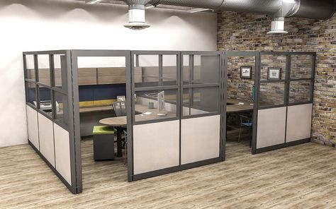 Modular Office Furniture as Private Offices. These tall cubicles make for privacy without the new construction costs. The glass gives a more open feel & welcoming. Modern Office Cubicle, Office Cubicle Design, Cubicle Panels, Cubicle Design, Office Privacy, Cheap Office Furniture, Modular Office Furniture, Modular Office, Cubicle Walls