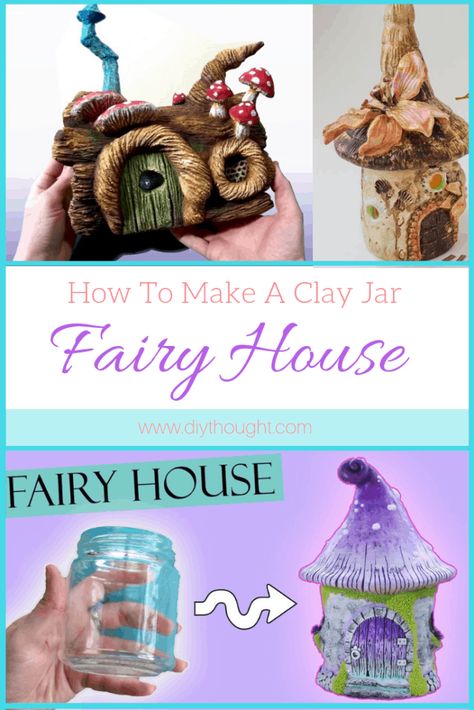 Polymer Fairy Houses, Air Dry Clay On Glass Jars, Fairy Houses Diy, Jar Fairy House, Fairytale Crafts, Fairy House Crafts, Clay Fairy, Clay Fairy House, Polymer Clay Fairy