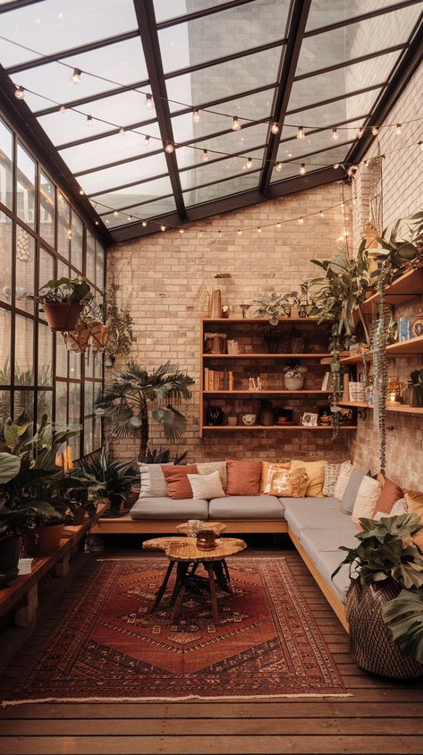 little cabin aesthetic with glass roof, plants and large couch Cottagecore Cabin Interior, Wood Cabin Interior Design, Log Cabin Homes Interior Modern, Cabins And Cottages Interior, Modern Rustic Cabin Interior, Simple Cabin Interior, Rustic Modern Cabin Interior, Small Cabin Interiors Cozy, Cute Cabin Interior