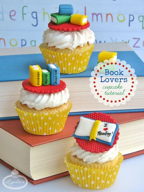 We both are big lovers of summer and dread the end of summer and back to school, but if we HAVE to send the kids back and face the real world again (goodbye lazy pool days!), at least we can find some ways to make it fun right? Here’s 25 ways to make back to...Read More » Library Cake, Teacher Cupcakes, National Cupcake Day, School Cupcakes, Teacher Cakes, Book Cupcakes, Book Cakes, Cupcake Tutorial, School Cake