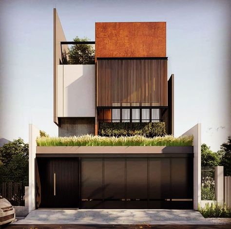 Townhouse Exterior, Modern Tropical House, Facade Architecture Design, Arch House, Narrow House, Modern House Facades, Architect Design House, Modern Exterior House Designs, Minimal House Design