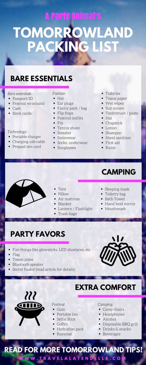 What to Bring to Tomorrowland | Party Animal's Packing List | Festival | Belgium | Boom | EDM | Clubbing | Fashion Tomorrowland Party, Festival Packing List, Tomorrowland Festival, Marie Von Behrens, Tomorrow Land, Packing Essentials List, Camping Desserts, Svetlana Zakharova, Festival Inspo