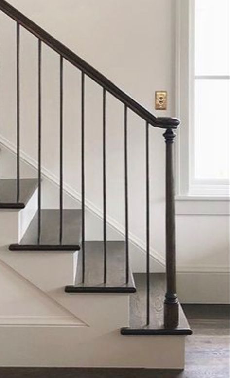 Black Railing With Iron Spindles, Update Railing Stairways, Stair Metal Railing, Black Wood Railing, Back Staircase Ideas, Updated Railing Banisters, Classic Stair Railing, Stair Railing Traditional, Iron Rod Staircase