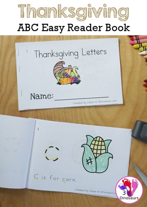 Free Thanksgiving Themed ABC Easy Reader Book - the book works on lowercase letters with Thanksgiving themes in a 12 page book - 3Dinosaurs.com #freeprintable #easyreader book #abctracing #letterbook #thanksgiving Book Based Activities, Thanksgiving Beginning Sounds Free, Thanksgiving Alphabet Activities, Thanksgiving Books Preschool, Thanksgiving Emergent Reader Free, Thanksgiving Literacy Preschool, Thanksgiving Books For Kids, Thanksgiving Abc, Prek Thanksgiving