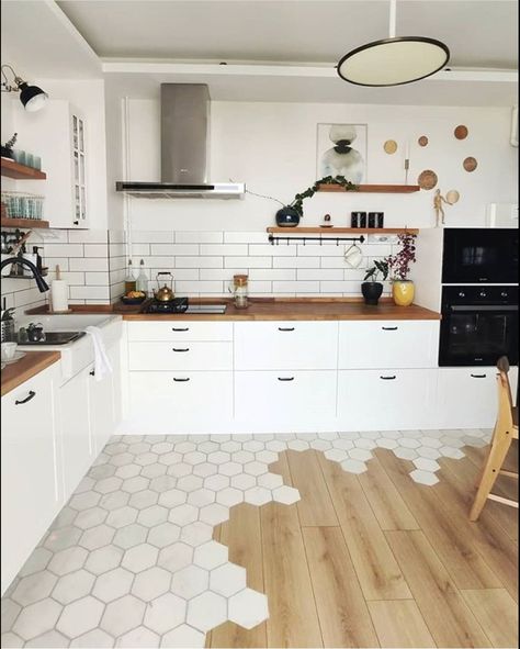 Raised Kitchen Island, Butcherblock Countertops, Grey Kitchen Tiles, Traditional Kitchen Island, Scandinavian Kitchen, Kitchen Floor Tile, White Kitchen Cabinets, Home Design Decor, Kitchen Tiles