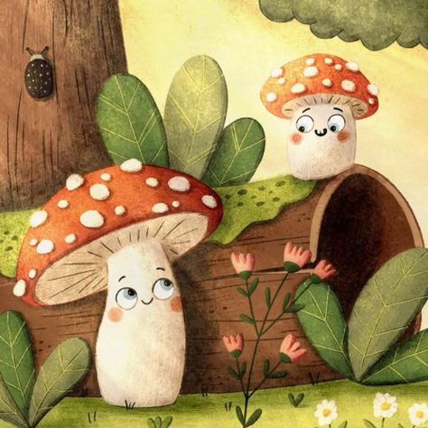 Celebrating Marina's #marina1k with her super cute #dtiys. I'm slowly easing out of snowy illustrations but couldn't help include a little flurry in this! . Swipe to see Marina's original, the sketch and a close up of the lil bug in case you missed them>>> . @miraillustrator #artchallenge #mushrooms #forest #childrensbookillustration #challenge #cute #character #childrensillustration #cartoon #procreateillustiration #kidlitillustration #kidlitart #illustrationforkids #cartoonstyle #character... Cute Mushroom Illustration, Mushroom Characters, Mushroom Character, Flower Character, Cute Animal Character, Mushroom Theme, Illustration Forest, Cartoon Forest, Mushrooms Forest