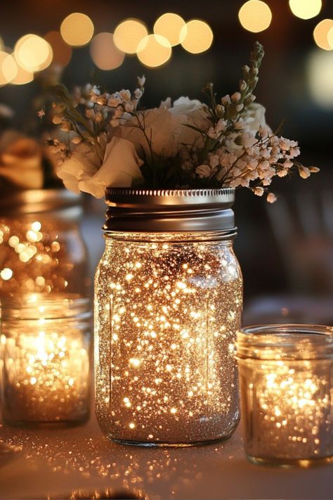 28 Decorative Mason Jar Centerpiece Ideas Simple Centerpiece Wedding Rustic, Cheap Centerpiece Ideas Wedding, Sweet Sixteen Centerpiece Ideas, Rustic Anniversary Party Ideas, Light Centerpieces Wedding, Mason Jar Centerpieces Table Decorations, Mason Jar Fairy Lights Centerpiece, Jars With Lights Inside, Mason Jar Aesthetic