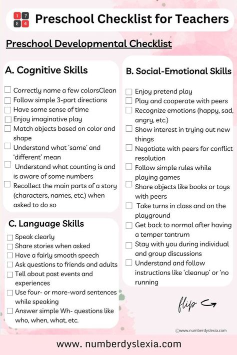 Here is we explore the Preschool Checklist For Teachers. In this article two important checklists every preschool teacher needs to evaluate students and their learning environment. The first one is the preschool developmental checklist, and the second is preschool classroom quality checklist. Both checklists are available for you in PDF format and are totally free!. #checklist #learning #preschoolteacherchecklist #Developmentchecklist. You can download the checklist the link is given below as: Developmental Checklist, Kindergarten Checklist, Preschool Checklist, Preschool Portfolio, Classroom Checklist, School Psychology Resources, Early Childhood Education Resources, Preschool Assessment, Classroom Assessment