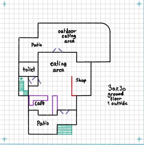 Sims 4 Coffee Shop Layout, Cafe Layout Plan Coffee Shop, Bloxburg Restaurant Layout 2 Story, Cafe Layout Plan Bloxburg, Bloxburg Cafe Floor Plan, Sims 4 Cafe Apartment, Roblox Cafe Layout, Cafe With Apartment Above, Sims 4 Cafe Layout